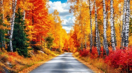 Obraz premium A scenic road amidst autumn foliage and vibrant colorful trees
