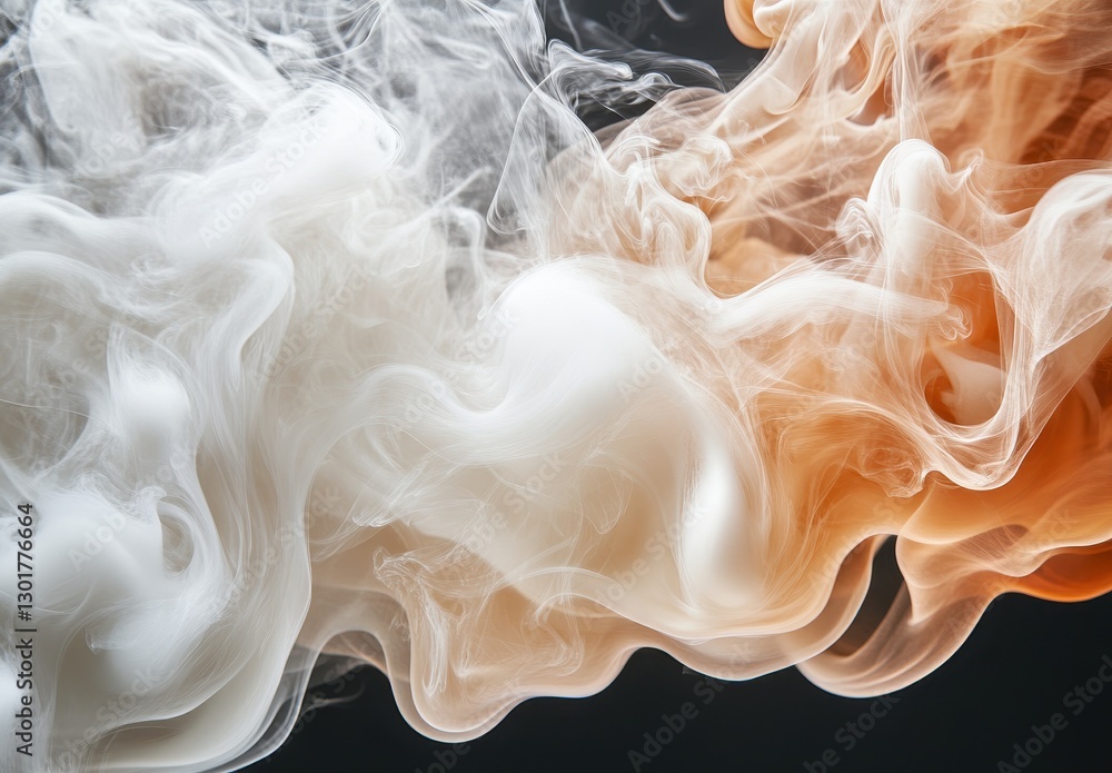 Poster abstract swirls of smoke in white and orange colors against a dark background creating a serene and 