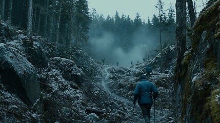 Obraz premium People traverse a snowy mountain trail in a winter forest setting