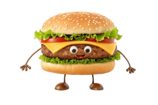 Fun cartoon burger character with smiling face and arms, perfect for kids' menus or food-related designs