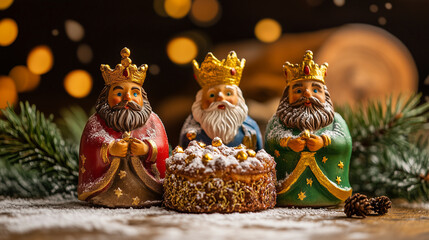 On the card, a traditional Three Kings Cake is displayed, with three figurines of the kings positioned in front, capturing the essence of the Epiphany festivities.