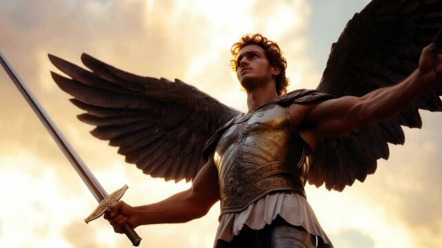 Saint Michal the Archangel over dark background