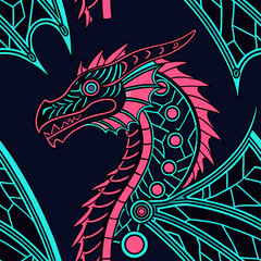 Fototapeta premium Neon dragon seamless, pattern, with intricate designs, fantasy artwork
