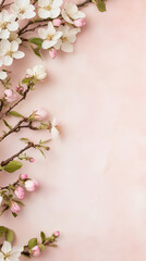 Obraz premium Light rose pink background with flowers on the borders, vertical banner with copy space and floral frame. Framework for wedding invitation or card, spring design