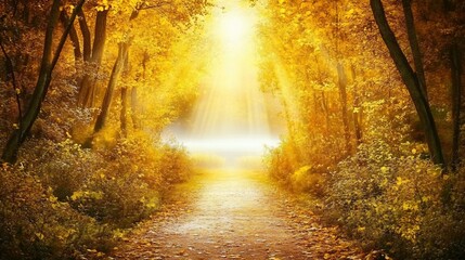 A captivating pathway through a golden autumn forest with radiant sunlight shining through