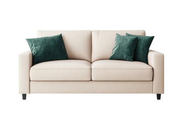 Beige sofa with green cushions, cut out