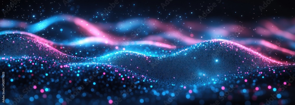 Poster abstract waves of glowing particles in vibrant blue and pink colors creating a dynamic visual of lig