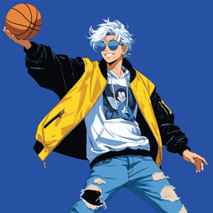 Anime boy in streetwear holding basketball on blue background, ready to play