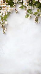 Light beige background with flowers on the borders, vertical banner with copy space and floral frame. Framework for wedding invitation or card, spring design	