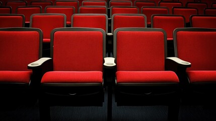 Fototapeta premium Empty red theater seats, auditorium, dark background, event preparation