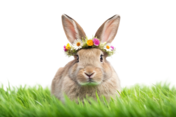 Cute rabbit with flower crown in grassy meadow for spring celebration or Easter decoration