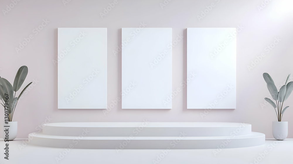 Aufkleber modern minimalist display with three empty frames and green plants