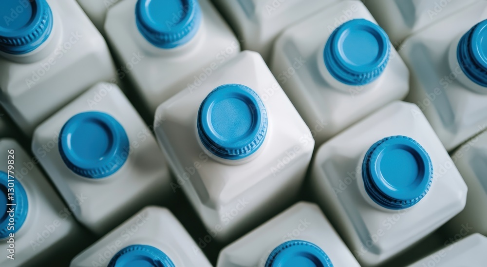 Aufkleber aerial view of milk bottles with blue caps organized in a pattern filling the frame showcasing clean