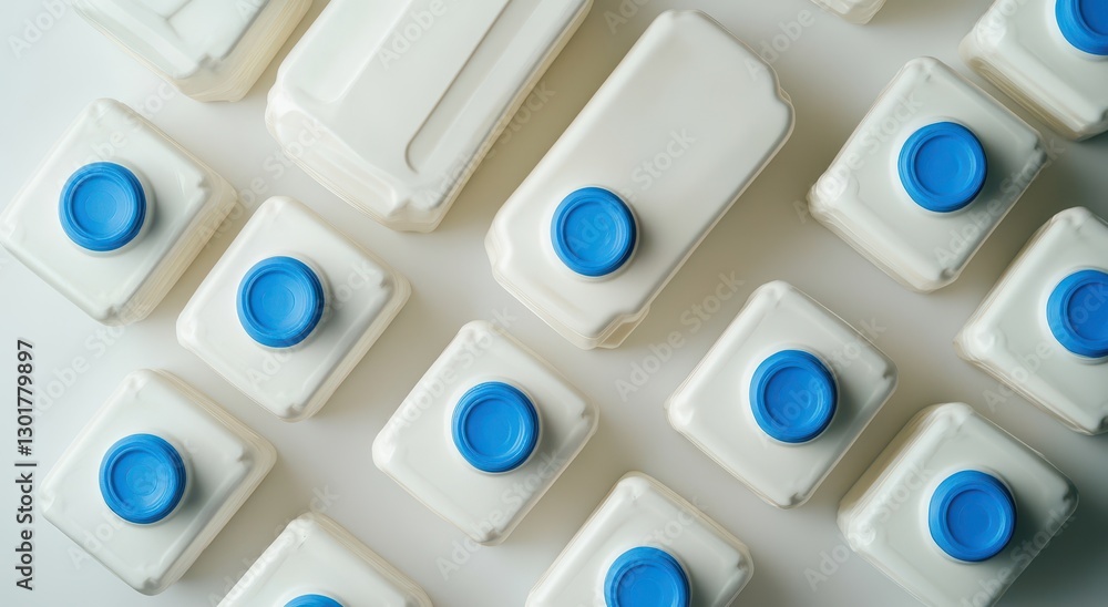 Aufkleber aerial view of various milk containers with blue lids arranged in an artistic pattern on a bright ba