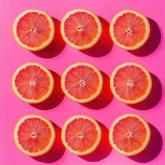 Pink background grapefruit slices pattern, summer food photography, vibrant flatlay