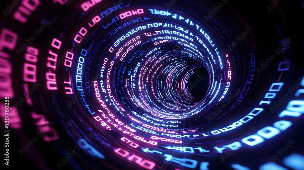 Poster abstract digital tunnel with binary code and vibrant neon colors