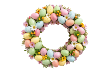 Colorful Easter wreath with pastel eggs and flowers designed for festive decoration