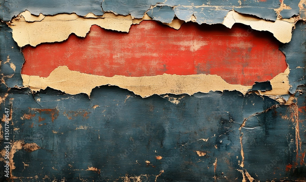 Aufkleber distressed blue and red painted wood texture with peeling layers creating abstract pattern