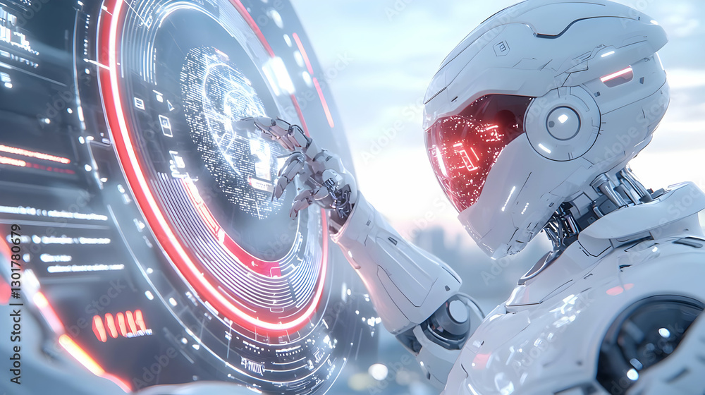 Poster futuristic robot interaction with holographic display technology