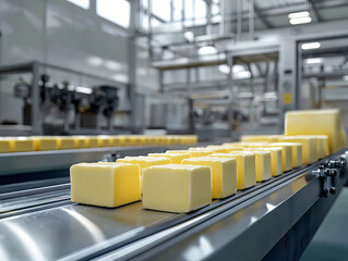 Automated Butter Production Line with Freshly Cut Blocks Moving on a Conveyor in Modern Dairy Factory