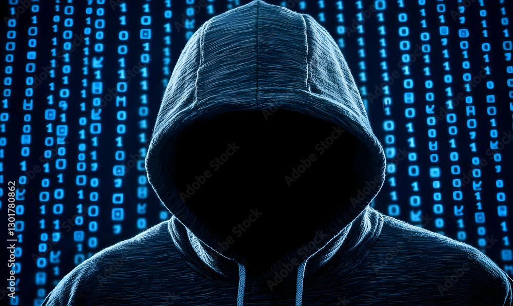 Poster mysterious figure in hoodie against digital binary background