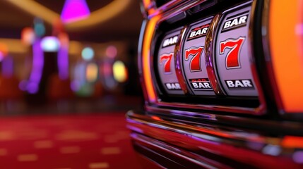 Jackpot Dreams: A close-up of a classic slot machine, showcasing a winning combination of sevens, evoking feelings of excitement and the thrill of chance.