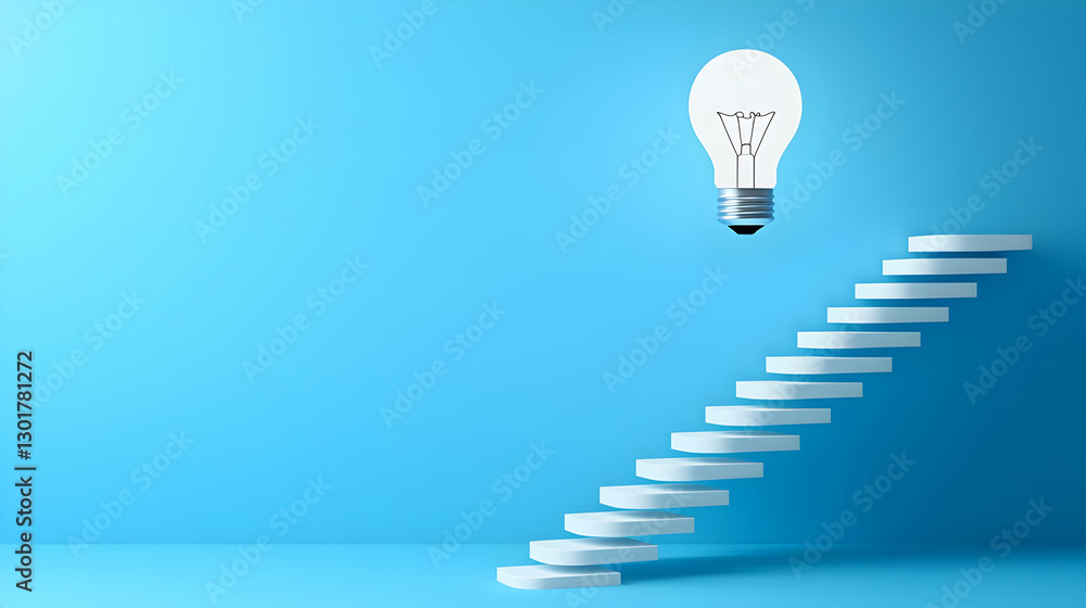 Poster conceptual image of steps leading to an illuminated light bulb