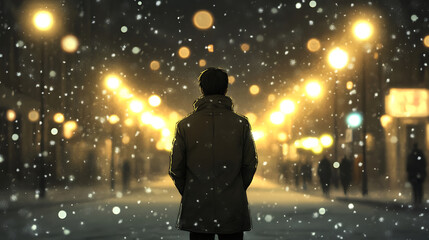 Silhouette of a Person Walking on a Snowy Street at Night with Bokeh Lights and Blurred Buildings Creating Atmospheric Cityscape Scene