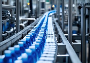 Obraz premium Blue bottles on production line in factory showcasing automated manufacturing process with modern technology and efficient supply chain management