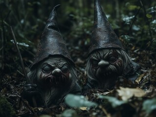 Obraz premium Strange, scary, frightening, garden gnomes living their own lives. Regulars of nightmares, concept.