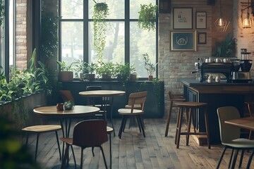 Obraz premium Modern Cozy Cafe Interior Design with Plants