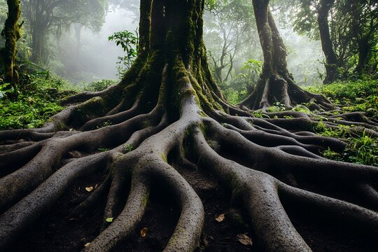 Majestic roots of ancient tree in lush foggy forest