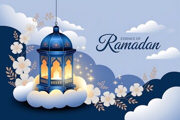 Blue Ramadan Lantern Glowing Softly on Cloud with White and Gold Flowers