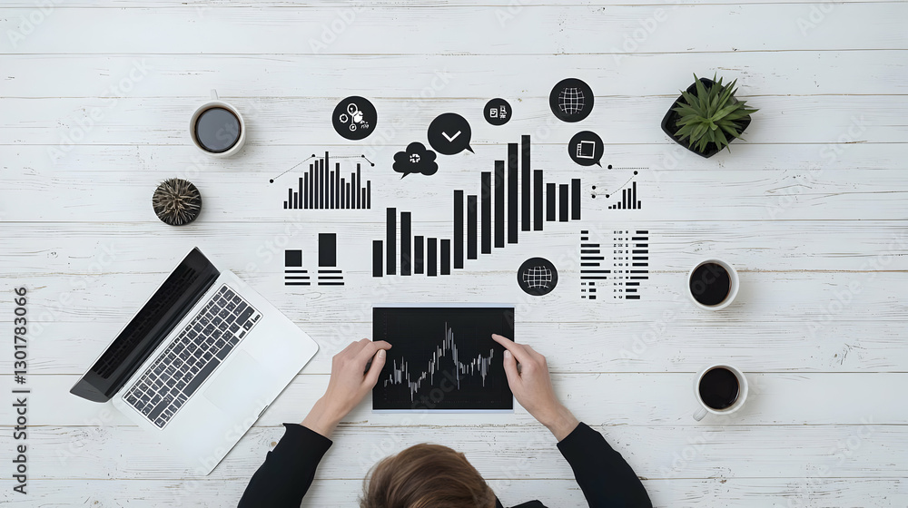 Aufkleber analysis of financial trends with graphs and business data visuals
