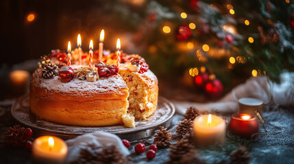 A Spanish Three Kings Cake graces a decorated table, surrounded by a Christmas tree and burning candles, setting the scene for a joyful Three Kings Day celebration.