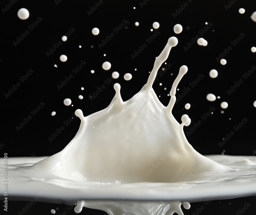 Poster captivating splash of milk creating an intriguing crown shape with high-quality droplets against a b
