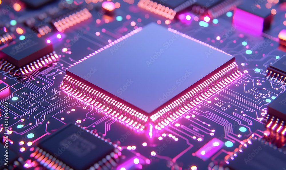 Poster close-up of colorful circuit board with microchip and led lights