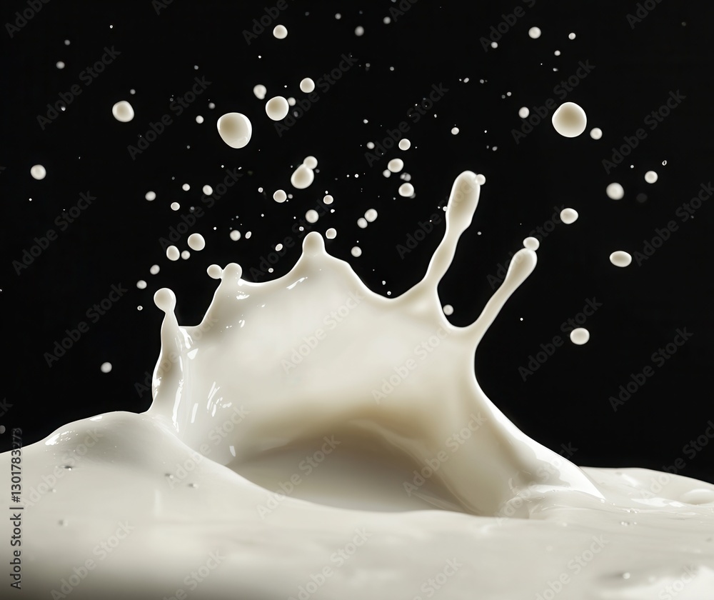 Poster captivating splash of milk with dramatic splatter against dark background creating an elegant and dy