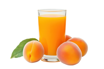 Fresh peach juice with ripe peaches and green leaf, cut out