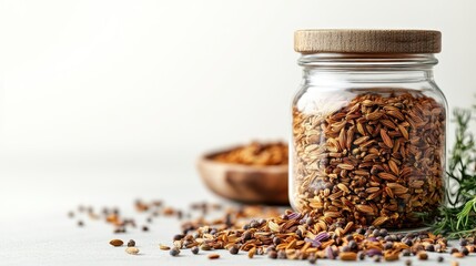 A glass jar with a cork lid filled with aromatic fennel seeds