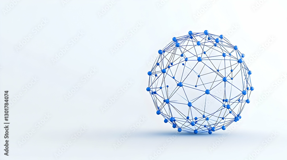 Poster blue neural network sphere with connecting nodes and edges