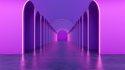 Vibrant Purple Hallway with Arched Doorways and Neon Lighting