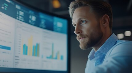 A CRM System Displaying Customer Feedback Trends on a Large Screen with Space for Custom Text at the Bottom