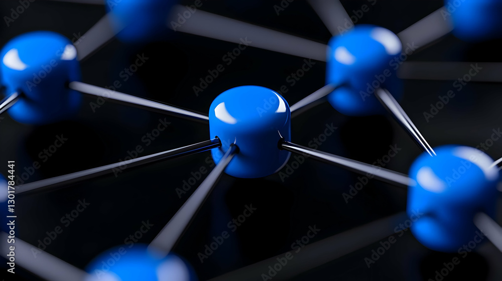 Poster blue nodes connected by lines on a dark background in a network concept