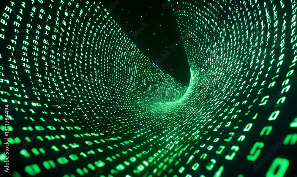 Poster green digital data flow in abstract spiral tunnel visualization