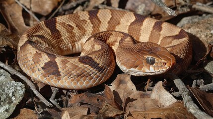 Fototapeta premium Copperhead coiled on dried leaves, woodland floor, natural background