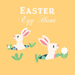 Vector Happy Easter, Easter egg hunt, Easter bunny, flowers, lettering isolated on white background. Retro holiday Easter icon. Religious holiday sign