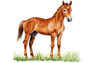 Obraz premium Brown horse standing on green grass field, cut out