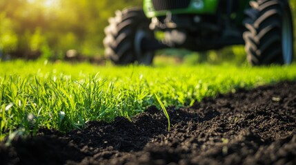 Close up of lush green grass and black soil with blurred tractor for gardening inspiration