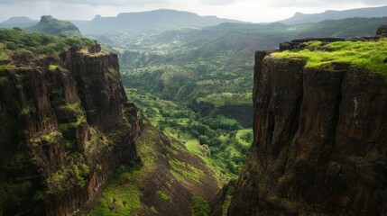 Fototapeta premium Majestic clifftop vista, green valley, monsoon clouds, rural India, travel brochure